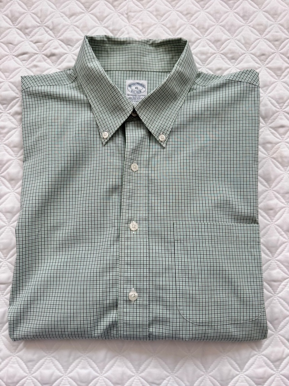 Brooks Brothers Green White Black Checked Long Sleeve Slim Fit Dress Shirt Sz XL